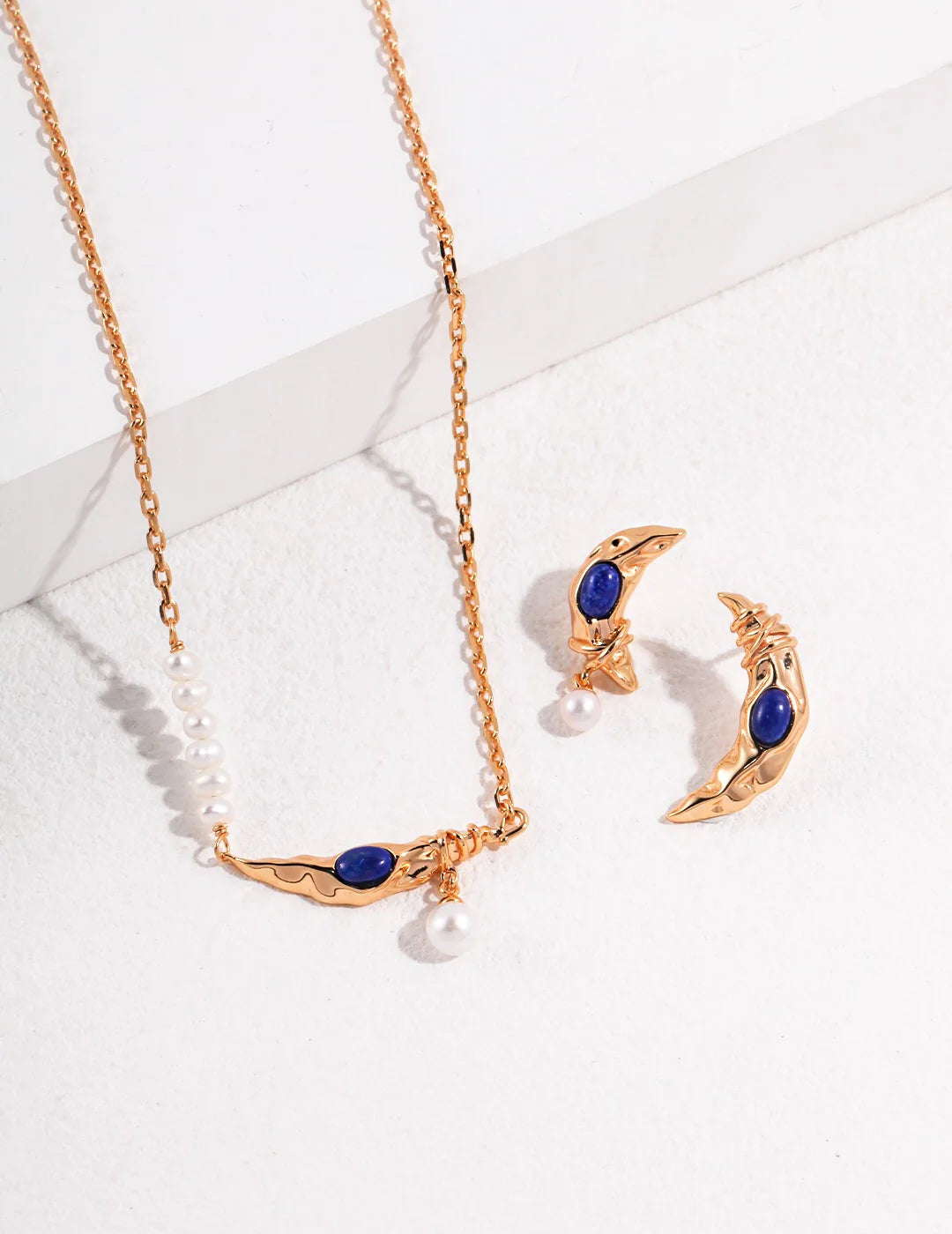 Lapis Lazuli Crescent Hollow Moon Pearl Earrings