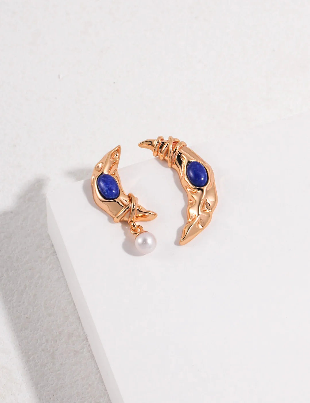 Lapis Lazuli Crescent Hollow Moon Pearl Earrings