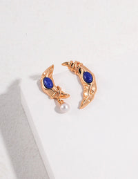 Thumbnail for Lapis Lazuli Crescent Hollow Moon Pearl Earrings