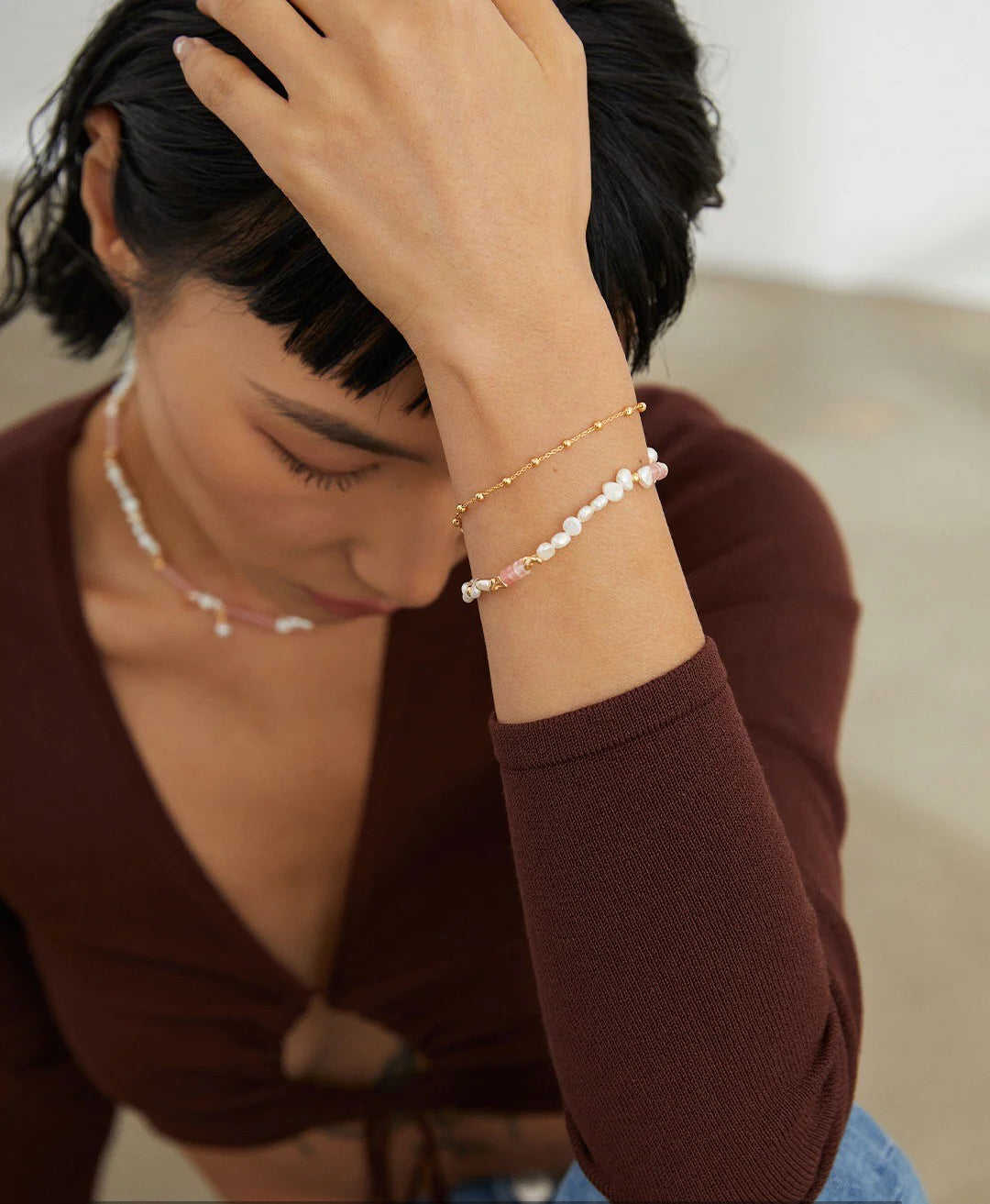 Synthetic Watermelon Ruby with Pearl Bracelet