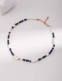 Thumbnail for Navy Blue Lapis Lazuli Beads with Baroque Pearls Necklace